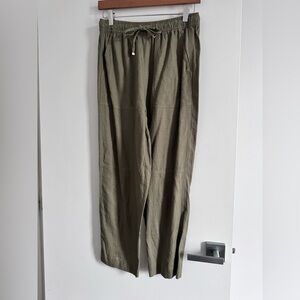 Zara Khaki Linen Drawstring Pants – Loose Fit Straight Leg – Size S